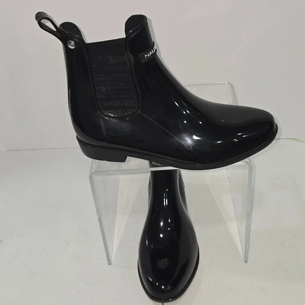 Nautica Cliff Comfort Lurex Black Glossy Rain Boots Womens Size 9 Chelsea Ankle